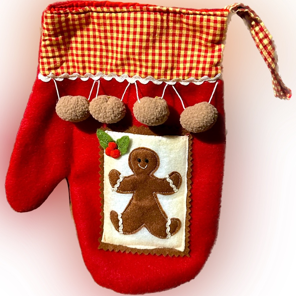 VTG RARE GINGERBREAD OVEN MITT GANZ POM POMS GINGHAM CHRISTMAS HOLIDAY HOT PAD